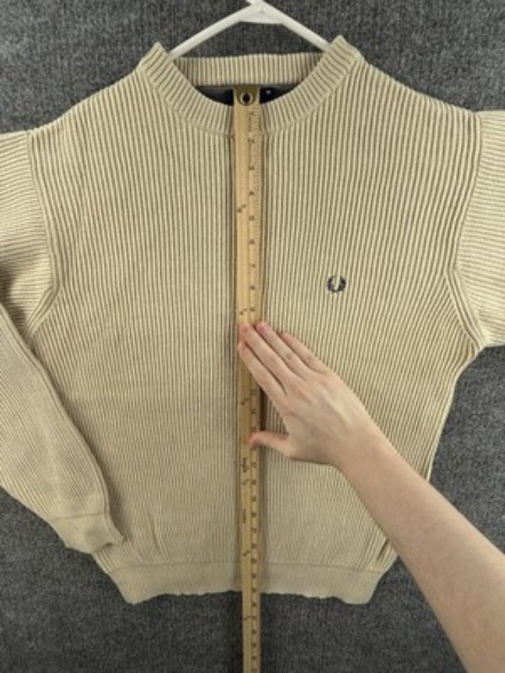 Fred Perry Long Sleeve Beige Cotton Medium Crew Neck Sweater Pullover Logo Solid View 4